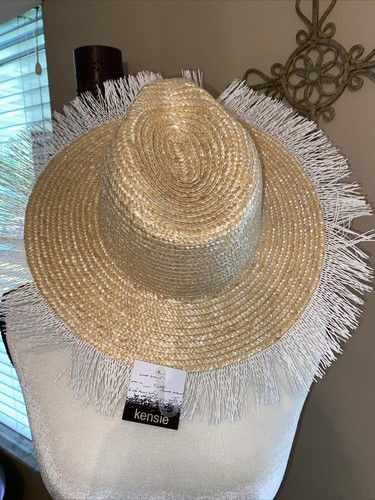 KENSIE TAN STRAW SUN HAT - White Fringe 