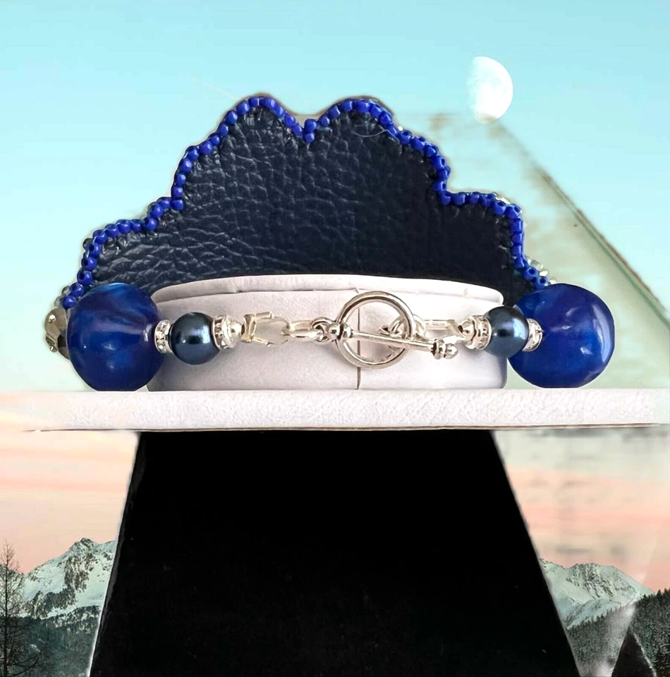 Handmade blue Bead Embroidery soft Leather Cuff Bracelet - One-of-a-Kind  USA - Image 3 of 4