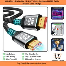 8K@60Hz HDMI Cable 2.1, 1.5FT Ultra High Speed HDMI Cable Braided Cord 48Gbps