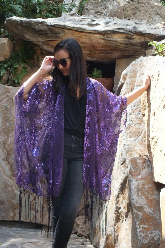 Top kimono plumero festival floral encaje lentejuelas púrpura talla única talla grande Foto 2 de 4