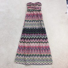 Fire Los Angeles Coral Pink Navy Blue Green Chevron Tube Strapless Maxi Dress XS