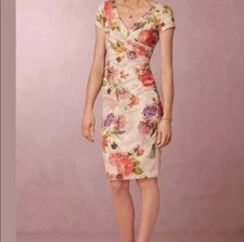 Adrianna Papell Beige Sheath Dress Metallic Floral Jacquard  V Neck Womens Sz 8