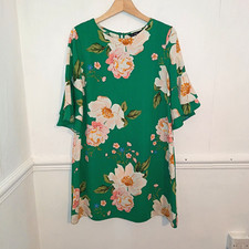 F&F Womens Dress Green Size UK 14 Pink Floral Print Knee Length Flutter Sleeve