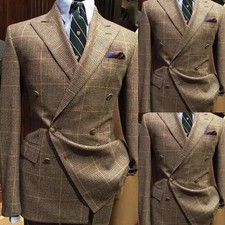 Houndstooth Men Suits 2 Pcs Double Breasted Wide Peak Lapel Jacket Coat Business