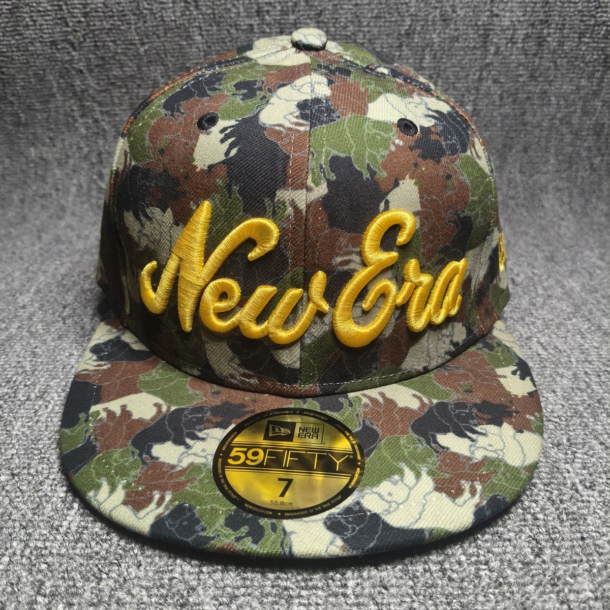 New Era New Girl 59FIFTY Fitted Hat Camo Yellow Script Size 7