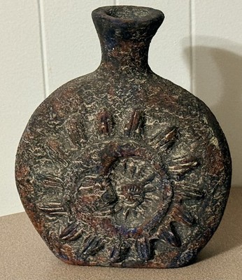VTG Heavy Terracotta Sun and Moon Vase - Rustic Rocky Texture - Mexican Folk Art