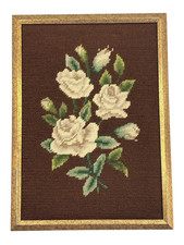 VINTAGE Framed Needlepoint Floral Wall Hanging Decor Cottagecore FREE SHIPPING