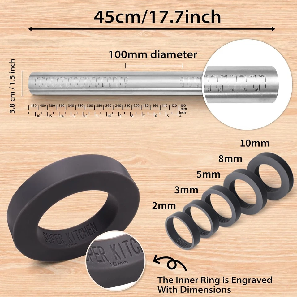 Mattarello Regolabile in Acciaio Inox Antiaderente, con 5 Misure di Anello, 45cm - Immagine 3 di 4