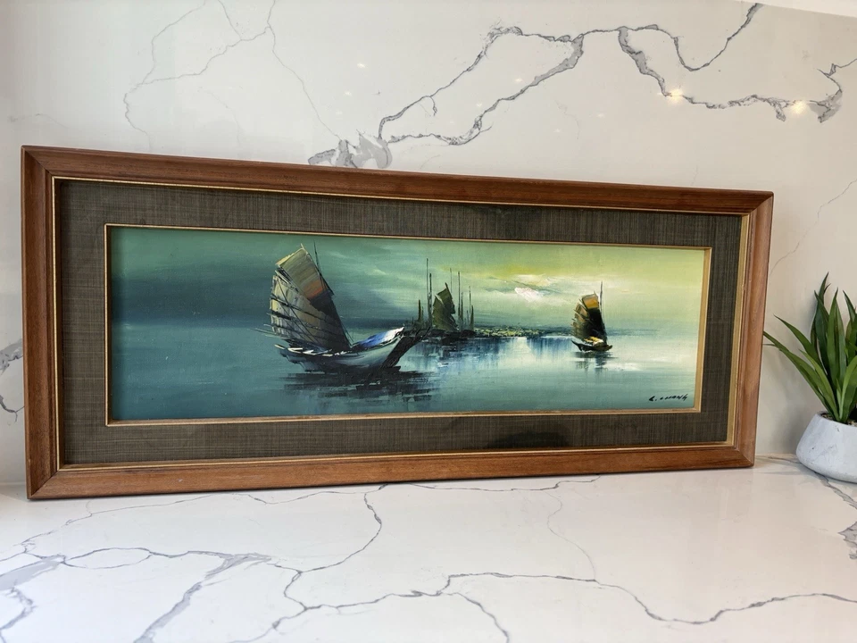 Pintura Original Firmada Barco Chatarra L. Chong, Vibrante Vintage Arte Asiático Regalos Foto 3 de 4