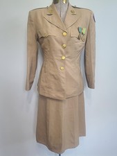 WWII Women's Army Khaki WAC Uniform Jacket & Skirt & Medals 1940s (B-36" W-24")