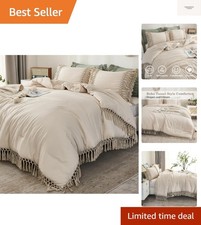 Comforter Queen Size Set Beige, 3 Pieces Tassel Boho Lightweight Winter Beddi...