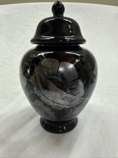 Fenton Ebony/Black 6" Vase With Silver Poppies Hand Painted And Artist Signed