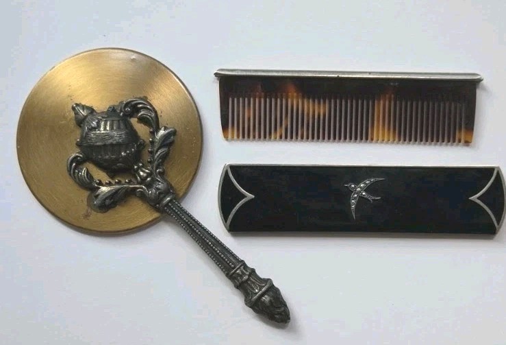 Vintage Lot/2 Small Hand Mirror Brass Copper Metal & Comb With Black Enamel Case