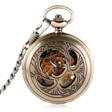 Retro Men's Hand-wind Mechanical Pocket Watch Skeleton Roman Numeral FOB Chain