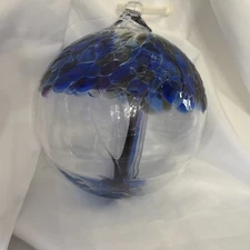 Hand Blown Art Glass Tree Of Life 6” Blue  Purple Large Orb Ball Ornament Garden