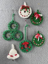 Vintage Handmade Red Green Crochet Christmas Ornaments 2"-3" Wreaths Bells set 6