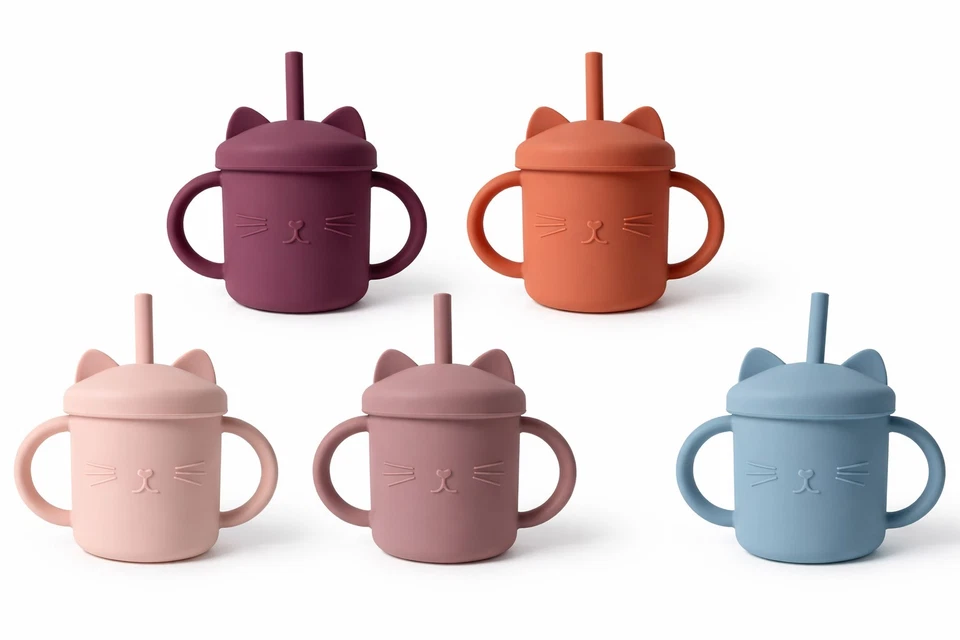 Lullaboo 3er Farbe Set Trinkbecher Silikon mit Strohhalm BPA-frei Baby Becher - Bild 1 von 4
