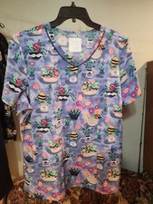 Cherokee Scrub Top Womens Size XL Blooming Bugs V Neck Stretch