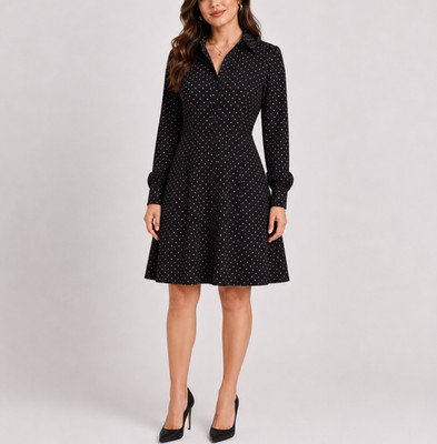 H&M Dress Women 14 Black Polka Dot Shirt Fit & Flare Career Office Casual Button