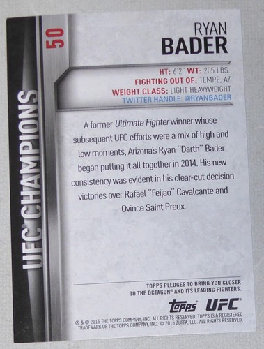 Ryan Bader Signed 2015 Topps UFC Champions Card #50 Autograph TUF 8 192 144 119 - Picture 6 of 24