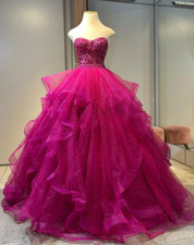 Fuchsia Sweetheart Wedding Dresses with Ruffles Glitters A Line Bridal Gowns