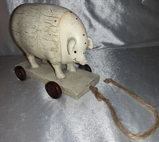 Vintage Pig Country Folk Farmhouse Pig on Wheels Wood Twine