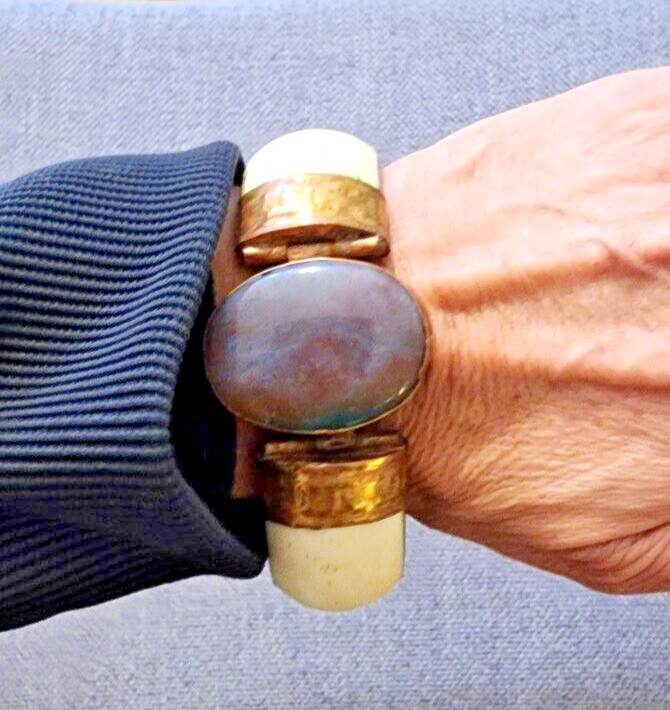 Bone Bangle Agate Purple Gemstone Setting Hammere… - image 2