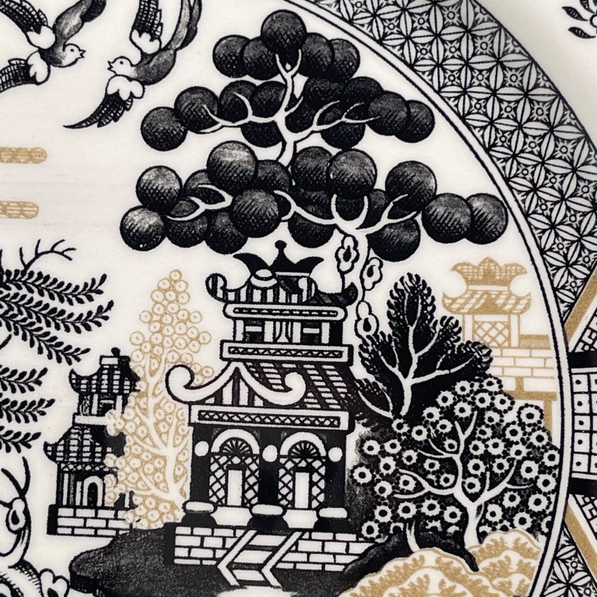 ロイヤル・スタッフォード（黒白風景皿 3枚セット） 4 Royal Stafford Black Gold Japanese Garden Asian Garden Willow