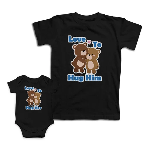 Mom and Baby Matching Outfits Love to Hug Her Him Teddy Bear Heart Match Clothes