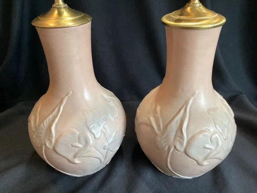 Pair Vintage Van Briggle Art Pottery Calla Lily Factory Lamps