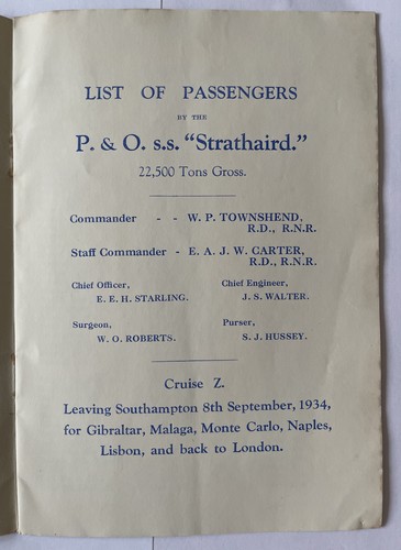 P&O RMS Strathaird 1934 Passenger List. Mediterranean Cruise Z, 8 September 1934 - Foto 2 di 5
