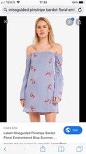 Missguided Pinstripe Bardot Floral Embroidered Dress. Size Uk 6