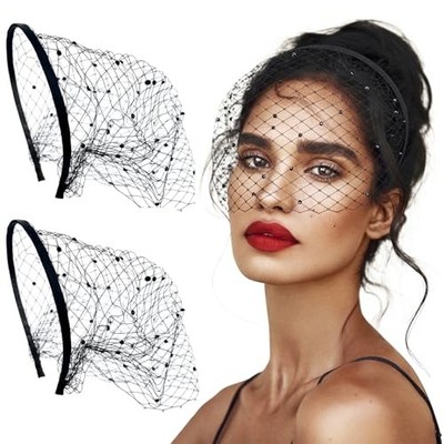 2 Pcs Veils, Face Mesh Birdcage Veil Headband Funeral Veil Fascinator Black