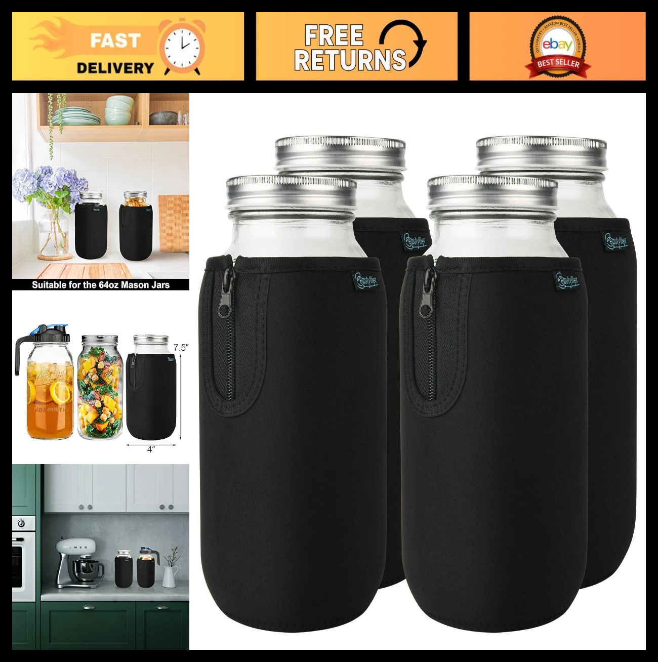 64oz Wide Mouth Mason Jars Sleeves - 2 Quart Glass Insulators, Blackout Covers (