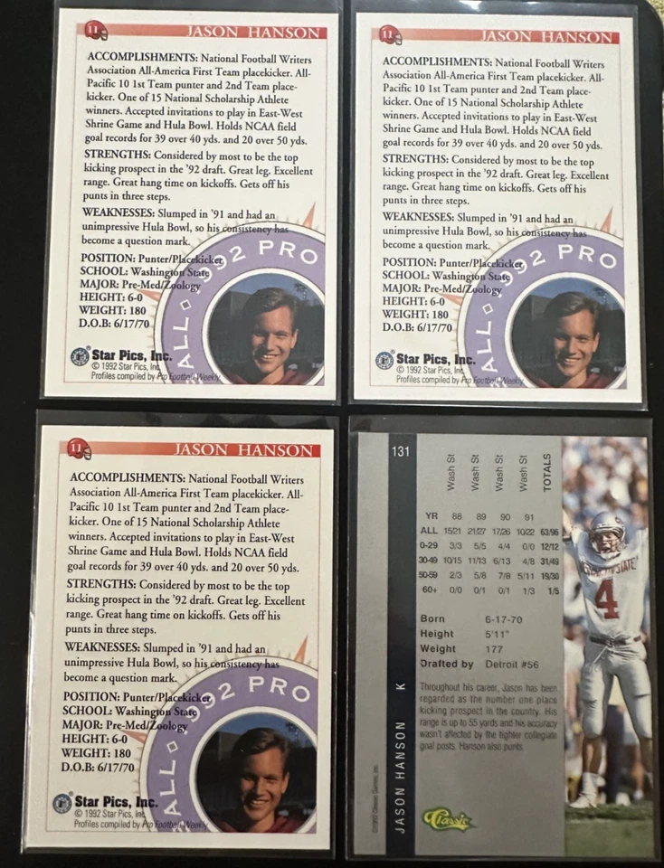 1992 Star Pics Classic Draft Pick Detroit Lions Jason Hanson 4 Rookie Card Lot - Image 2 of 2