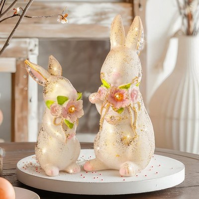 2 Pcs Easter Glitter Bunny Figurines Gold White Spring Rhinestone Rabbit Stat...