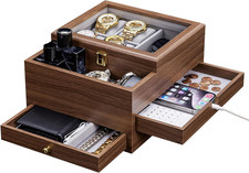 Wooden Watch Organizer Box with Glass Lid and...
