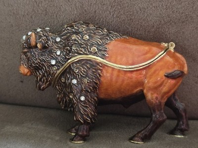 Bejeweled Bison Buffalo Trinket Box Enamel Rhinestone Hinged Lid Western Decor
