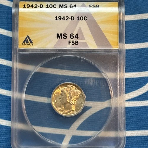 1942 D Mercury Silver Dime MS 64FSB FULL BANDS “ANACS” Beautiful light toning