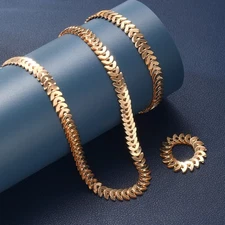 3PCS Womens Necklace Bracelet Ring Set 18k Gold Plated Stainless Steel Chain