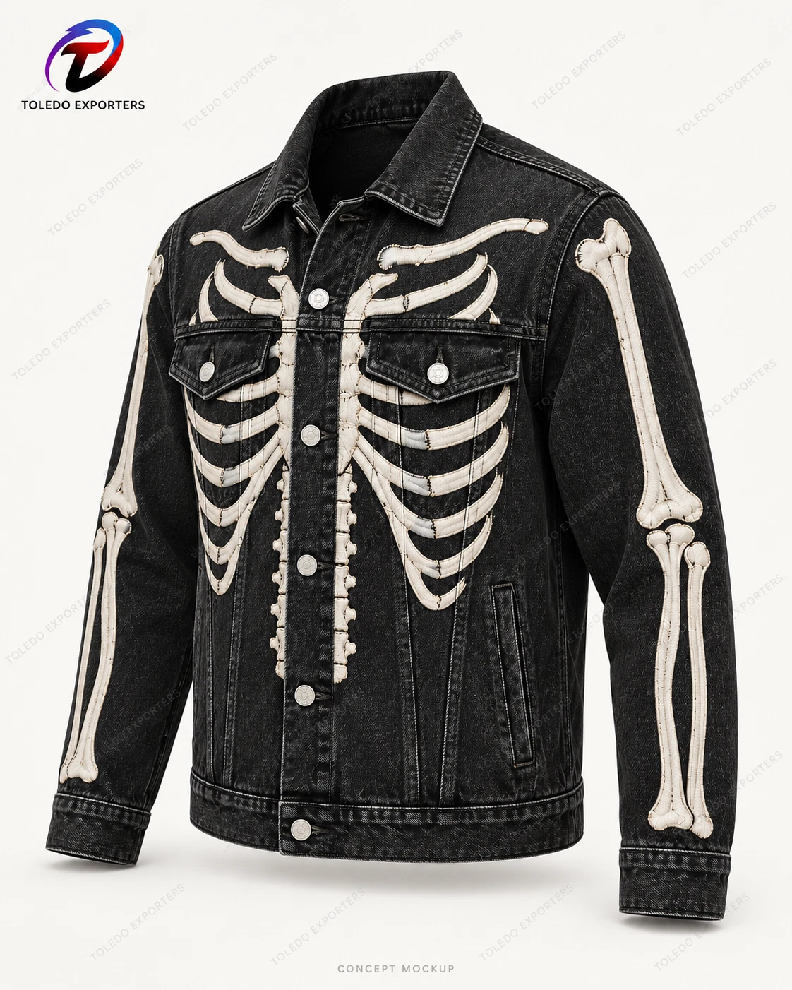 Black Skeleton Denim Jacket with Bone Embroidery, Unisex Halloween Trucker Style - product detail image 4