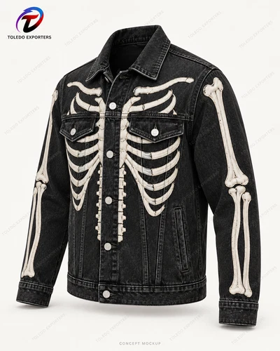 Black Skeleton Denim Jacket with Bone Embroidery, Unisex Halloween Trucker Style image 4