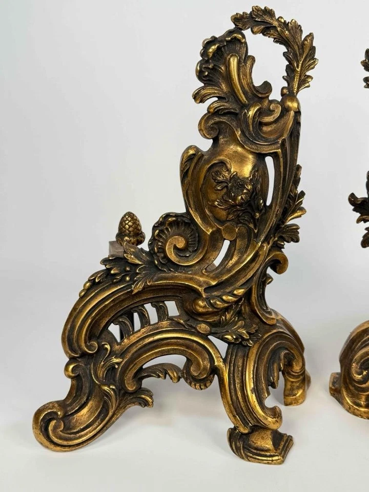 Par Antiguo Francés Luis XV Rococó Bronce Dorado Ormolu Chenets Andirons Firedogs Foto 4 de 4
