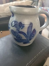 Rowe Pottery Works Blue Salt Glaze Flower Design Creamer Pitcher 4.5"