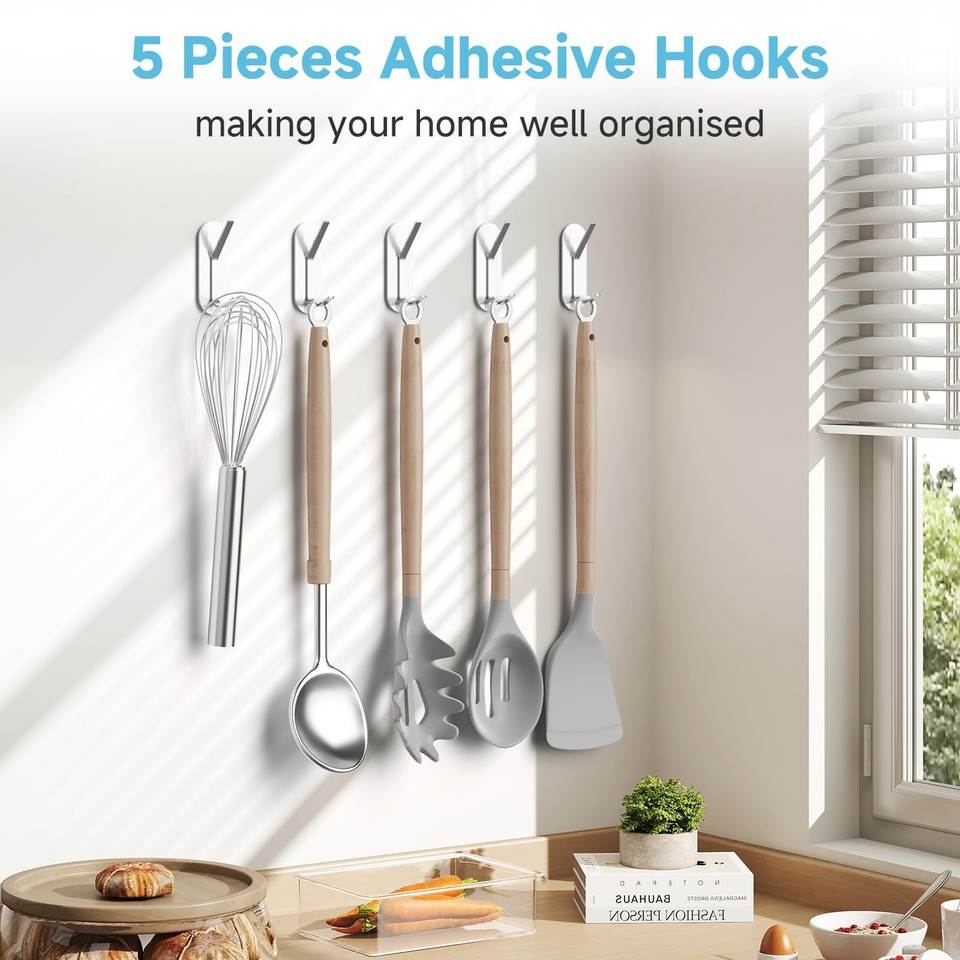 4smile Ganci Adesivi, 5 Pezzi Appendi Accappatoio Bagno, Acciaio Inox Argento Cucina