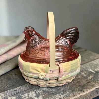 Longaberger 2002 Whitewashed w/Pink Easter Basket Set WITH GLASS HEN - Image 1 of 4