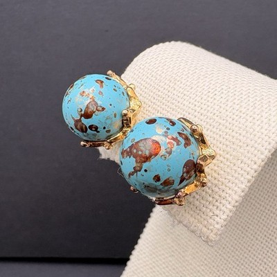 Vintage Joan Rivers Blue & Brown w/ Gold Fleck Round Pierced Stud Earrings