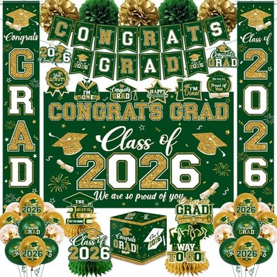Green and Gold Graduation Decorations 2026 Set, All-in-1 Kit with Congrats Grad 