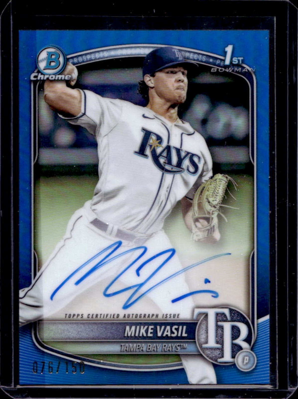 2025 Bowman Mike Vasil Chrome Auto Blue Refractor 1st Prospect #76/150 Rays