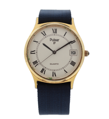 #ad Vintage Pulsar Y552 8009 Roman Dial Date Men#x27;s Quartz Wristwatch Japan Gold Tone $39.55